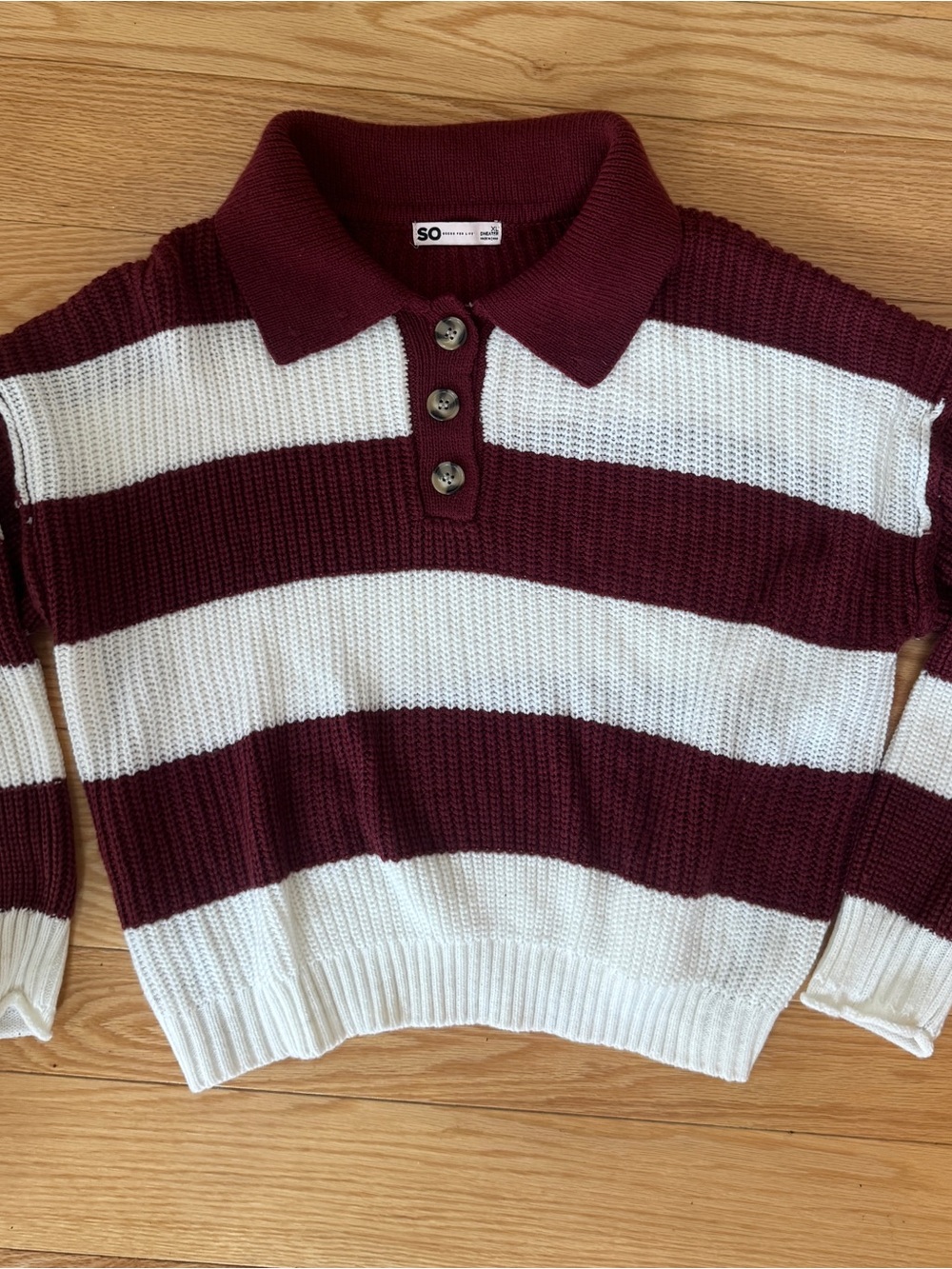 SO Striped Polo Collar Henley Sweater Burgundy Maroon White Preppy Knit XL